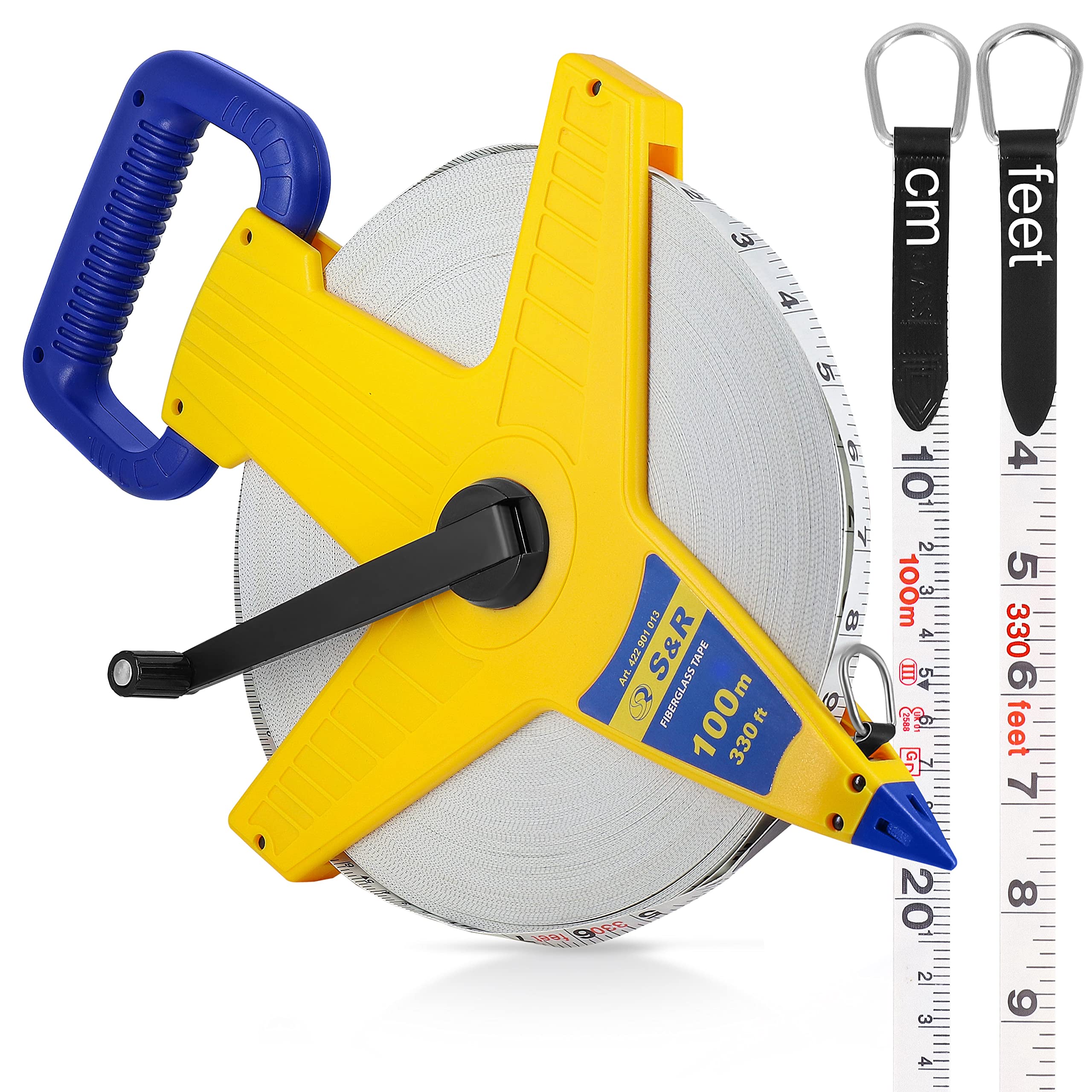 S&R Surveyors Tape Measure – 100m / 330ft Fiberglass Measuring Tape | Double-Sided Metric & Imperial Markings | Durable ABS Reel with Crank
