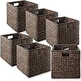 Casafield 12" x 12" Water Hyacinth Storage Baskets, Espresso - Set of 6 Collapsible Cube Organizers, Woven Bins for Bathroom, Bedroom, Laundry, Pantry, Shelves