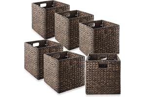 Casafield 12" x 12" Water Hyacinth Storage Baskets, Espresso - Set of 6 Collapsible Cube Organizers, Woven Bins for Bathroom, Bedroom, Laundry, Pantry, Shelves