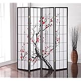 Roundhill Furniture Black Japanese 4-Panel Screen Room Divider, Plum Blossom