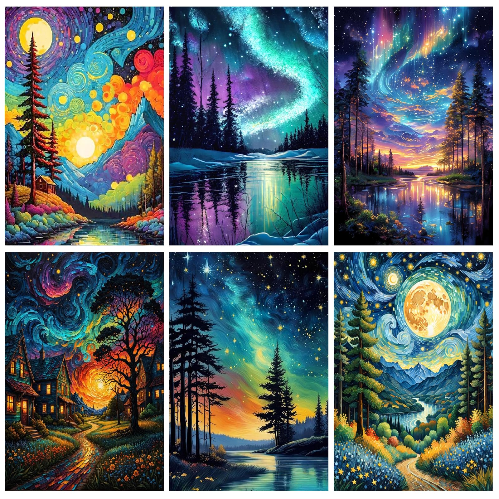 Jakener 6 Pack Paint by Numbers Kit for Adults Beginner,Starry Night Easy Adult Paint by Number Kits on Canvas DIY Painting for Beginners Art by Numbers for Home Wall Decor 10x12 Inch — image 1