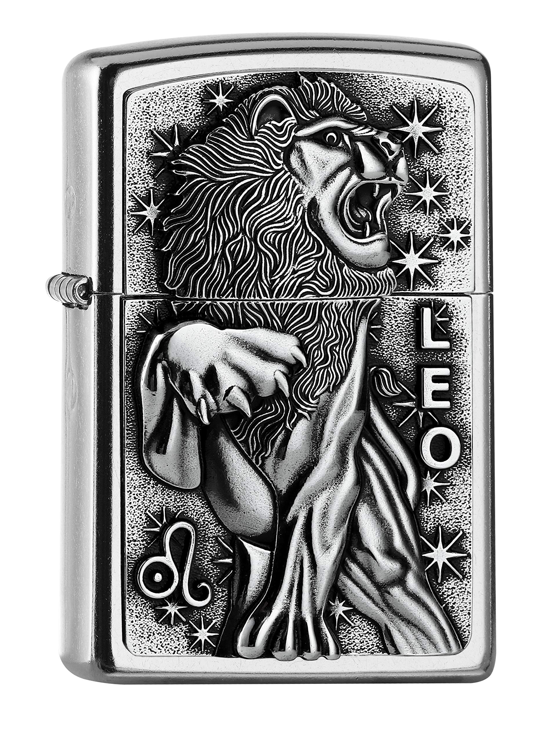 Zippo Windproof Lighter - Leo Emblem, Street Chrome, Emblem - Refillable - Reusable - Windproof Design - Gift Box - Made in USA, 5,8 * 3,8 * 1,2