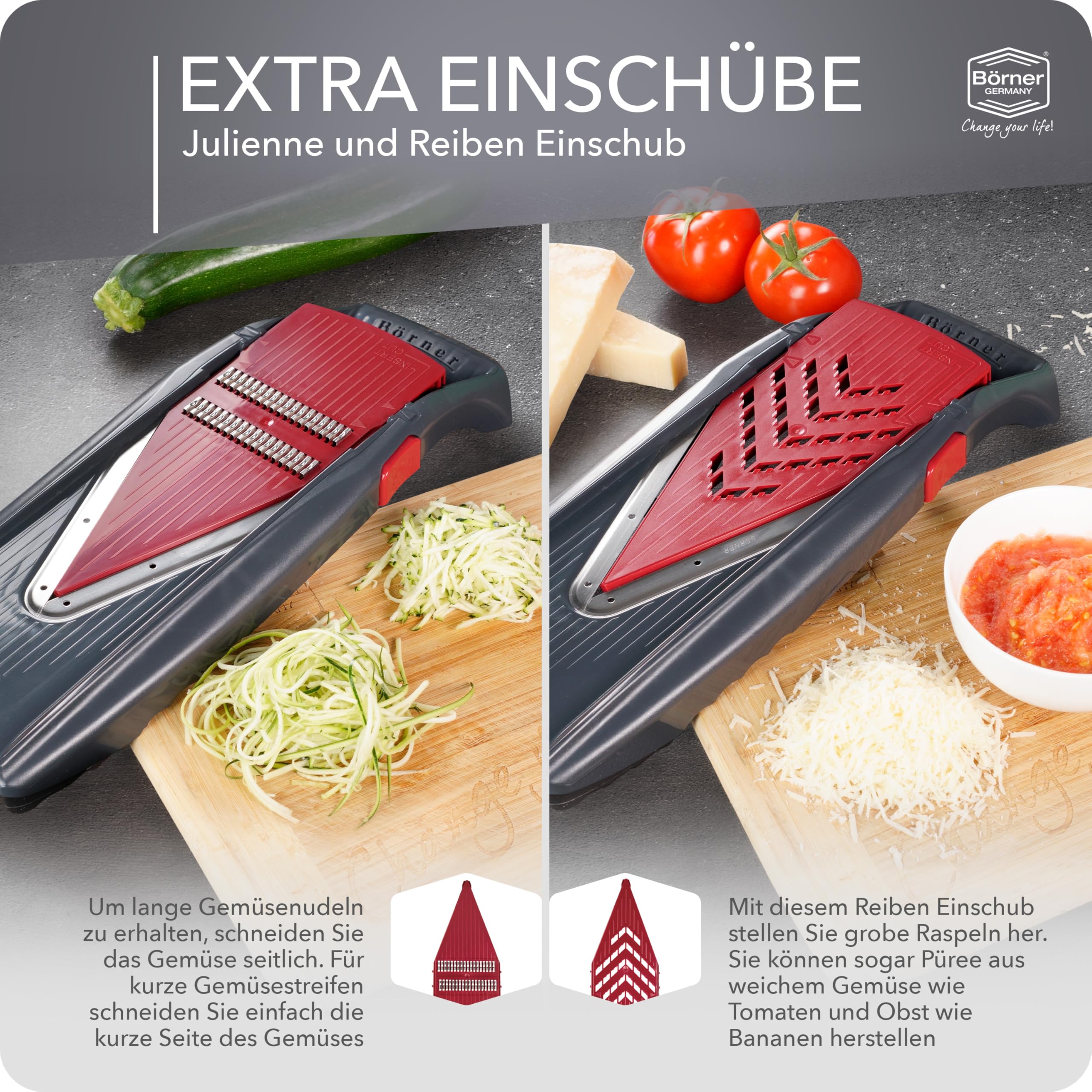 Börner Gemüsehobel Vital (Profi Set) • 12 Schnittarten • Gemüseschneider Edelstahl • Mandoline mit Dressing-Funktion • V-Hobel für Scheiben, Julienne Streifen, Würfel & Gemüsespaghetti 6