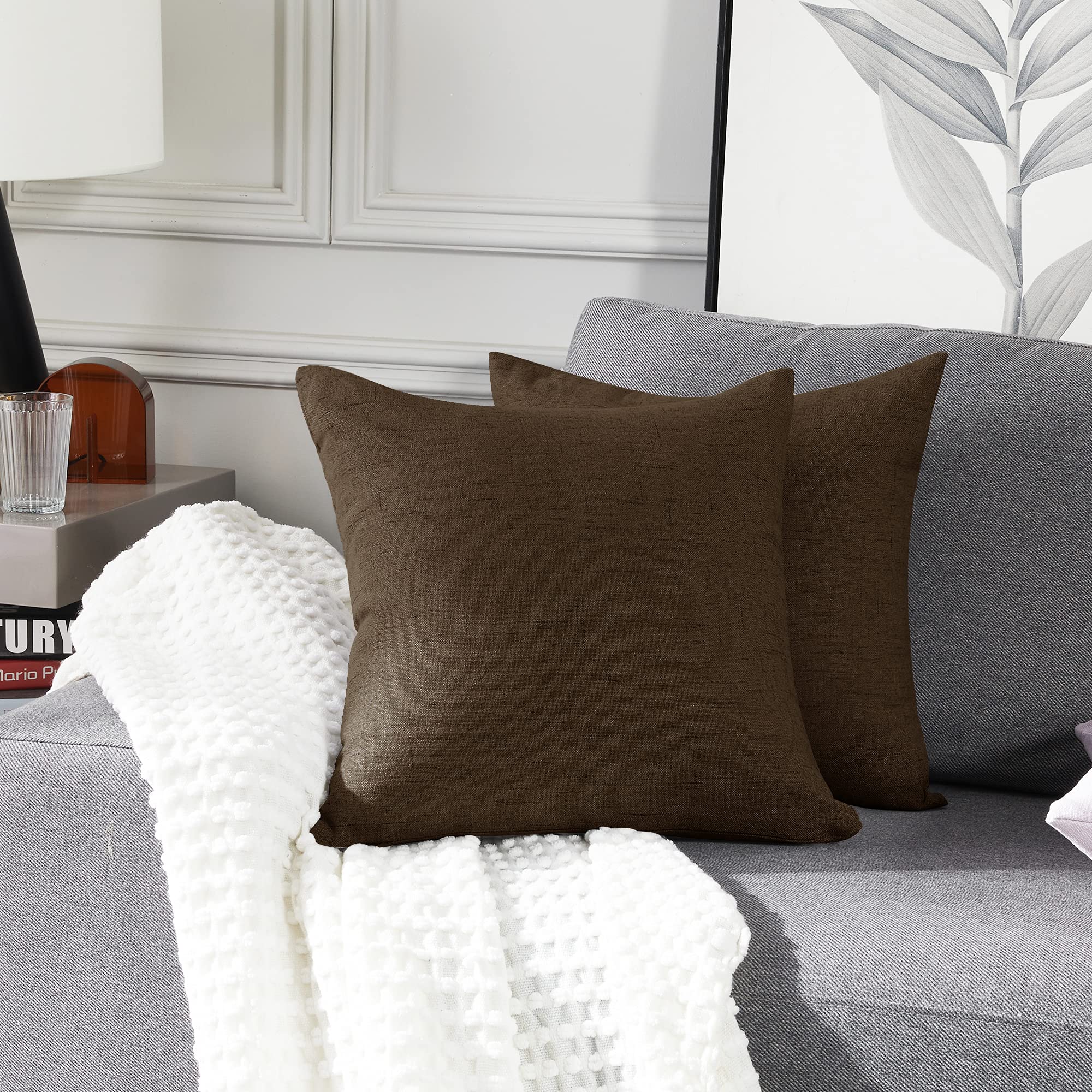 Deconovo Square Cushion Covers, Faux Linen Texture Throw Pillow Cases Pillowcases for Sofa with Invisible Zipper, 18x18 Inch, set of 2, Dark Flax