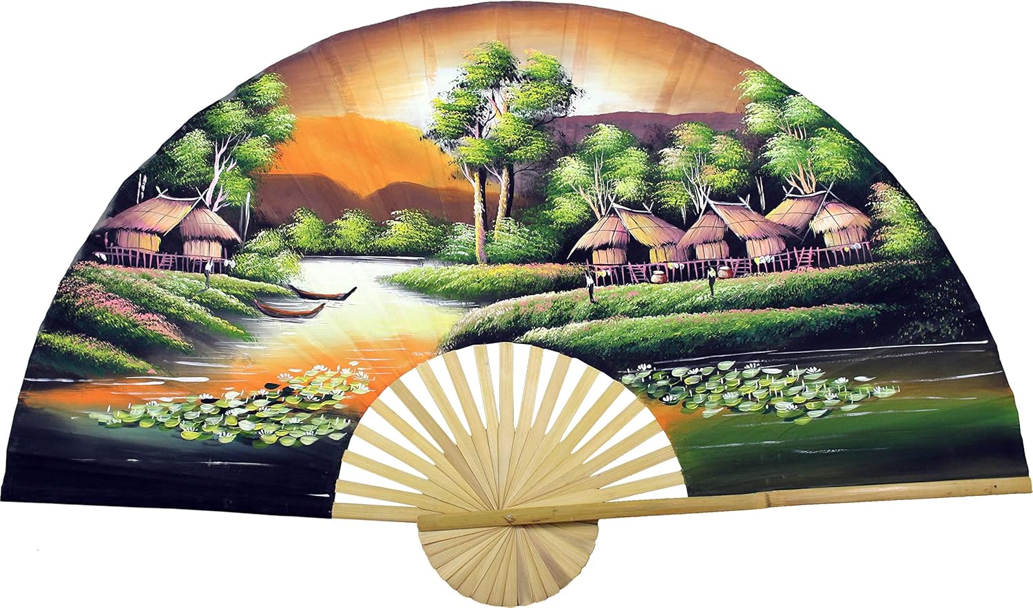 Paintings - Village Landscape Folding Wall Fan Hand-painted Wall Decor Art (40 inch wide, Golden Village)