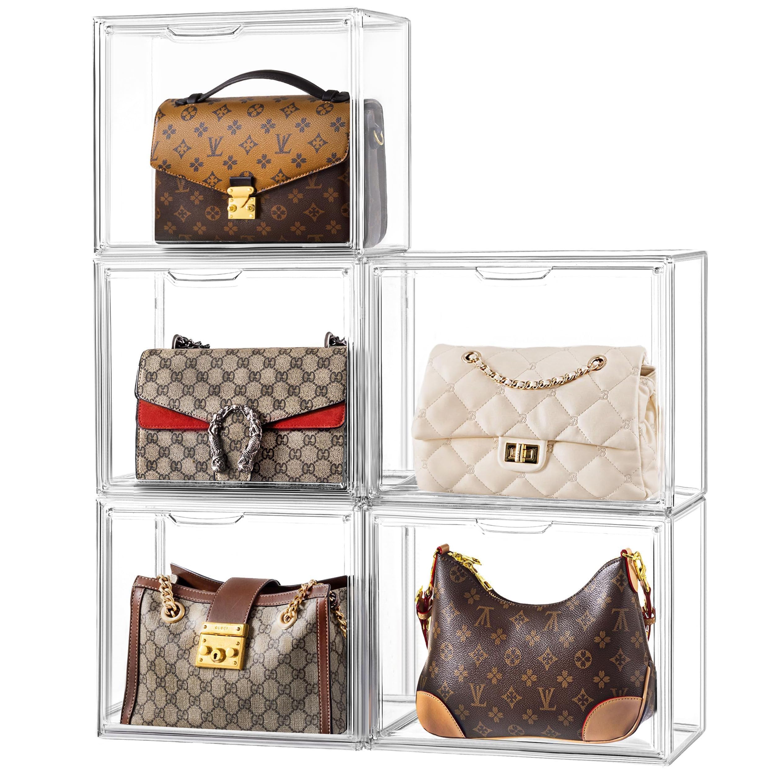 Photo 1 of HBlife 5 Pack Purse Storage Organizer for Closet, Medium Clear Stackable Handbag Display Case Box with Magnetic Door for Collectibles, Cosmetics, Women Heels and Toys