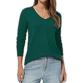 QUALFORT Women's V-Neck Long Sweater Lightweight Pullover Tunic Cotton Sweaters Long Sleeve Knit Comfort Causal Tops