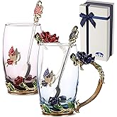 BTaT- Floral Glass Tea Cups with Spoon Set, Pack of 2, 11 oz, Blue & Red, Butterfly & Flower Design with Gift Box, Fancy Tea Cups, Dishwasher Safe