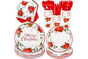 DOOGA 140pcs Christmas Poinsettia Paper Plates and Napkins Serve 20, Disposable Holiday Flower Party Plates Cups Napkins Set,