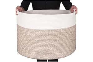 MINTWOOD Design Extra Large 22 x14 Inches Decorative Woven Cotton Rope Blanket Storage Basket Bin Living Room and Laundry Hamper for Pillows, Pool Towels, Dog Toys, Shoes, Light Brown