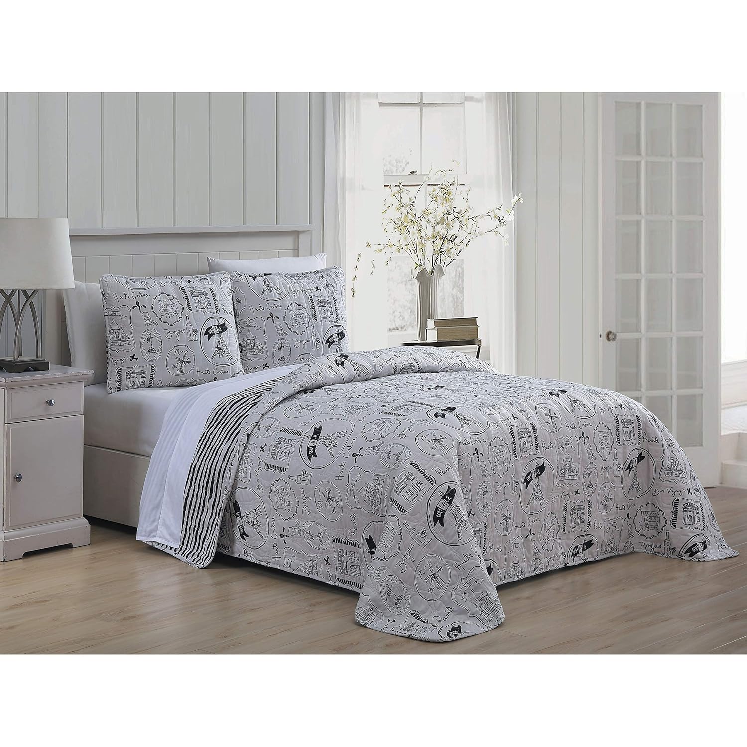 3 Piece Paris-Themed Quilt Set Full/Queen Size Grey Eiffel Tower Bonjour Merci Paris Landmarks Parisian Print Bedding, Quilted Coverlet Reversible to Black Stripes