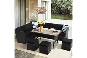 YOCONYO Patio Furniture Set, 7 Pieces Patio Dining Sets, All Weather Outdoor Wicker Conversation Loveseat Set with Dining Table, Ottoman (B-Black)