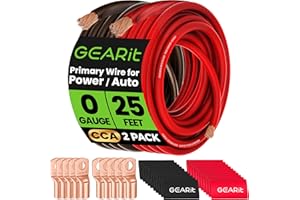 GEARit 0 Gauge Amp Wiring kit CCA 25 Ft Each-Black & Red 3-in-1 Kit: Ground Wire Cable,10 Lugs,20 Heat Shrink Wrap for Automo
