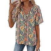Rapbin Womens Summer Boho Tops Casual Short Sleeve Blouses Button Down Shirts 2026 Beach Vacation Clothes