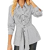 GRACE KARIN Peplum Tops for Women Tie Front Striped Button Down Shirt Collared Long Sleeve Business Casual Work Office Blouse