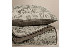 Oilo 100% Organic Premium Cotton Muslin Crib Quilt & Sham Set, (45" x 60") Print and Solid Sides, Extra-Soft & Lightweight, Fits Toddler Beds, Heirloom Organic Collection, Vintage Safari