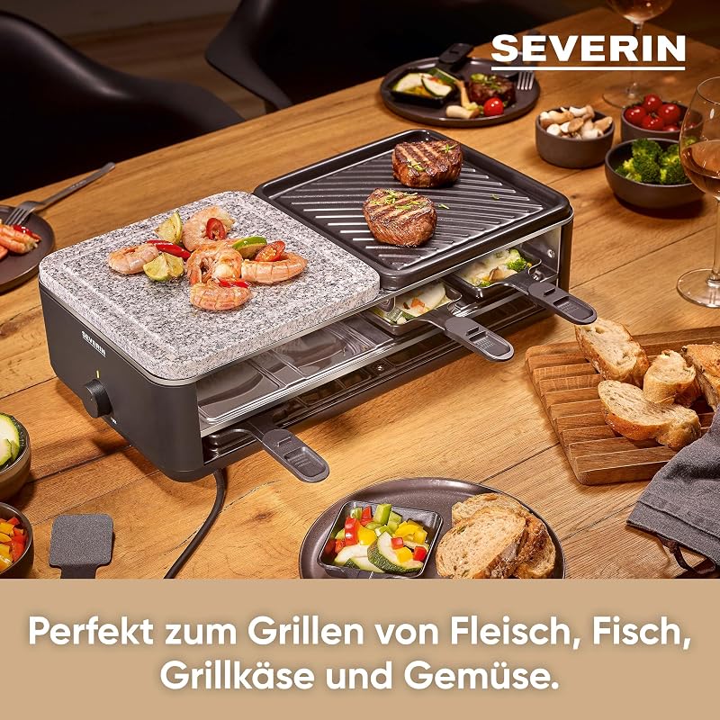 Raclette-Grill für 8 Personen, Naturgrillstein & antihaftbeschichtete-Grillplatte, Tischgrill mit extra tiefen Pfännchen, spülmaschinengeeignet, Black Line, RG 2366