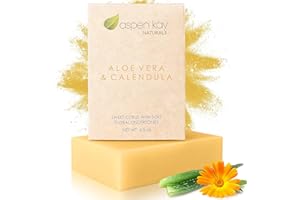 Aspen Kay Naturals Aloe Vera & Calendula Soap, Natural & Organic Ingredients, Organic Aloe Vera, Calendula & Turmeric Soap. Use for Face & Body. for Men, Women & Teens. Gentle Face Wash. 4.5 oz Bar