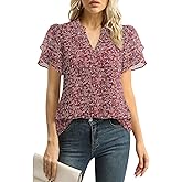 Lotusmile Womens Dressy Chiffon Blouses Summer Puff Petal Short Sleeve Shirts V Neck Casual Work Tops