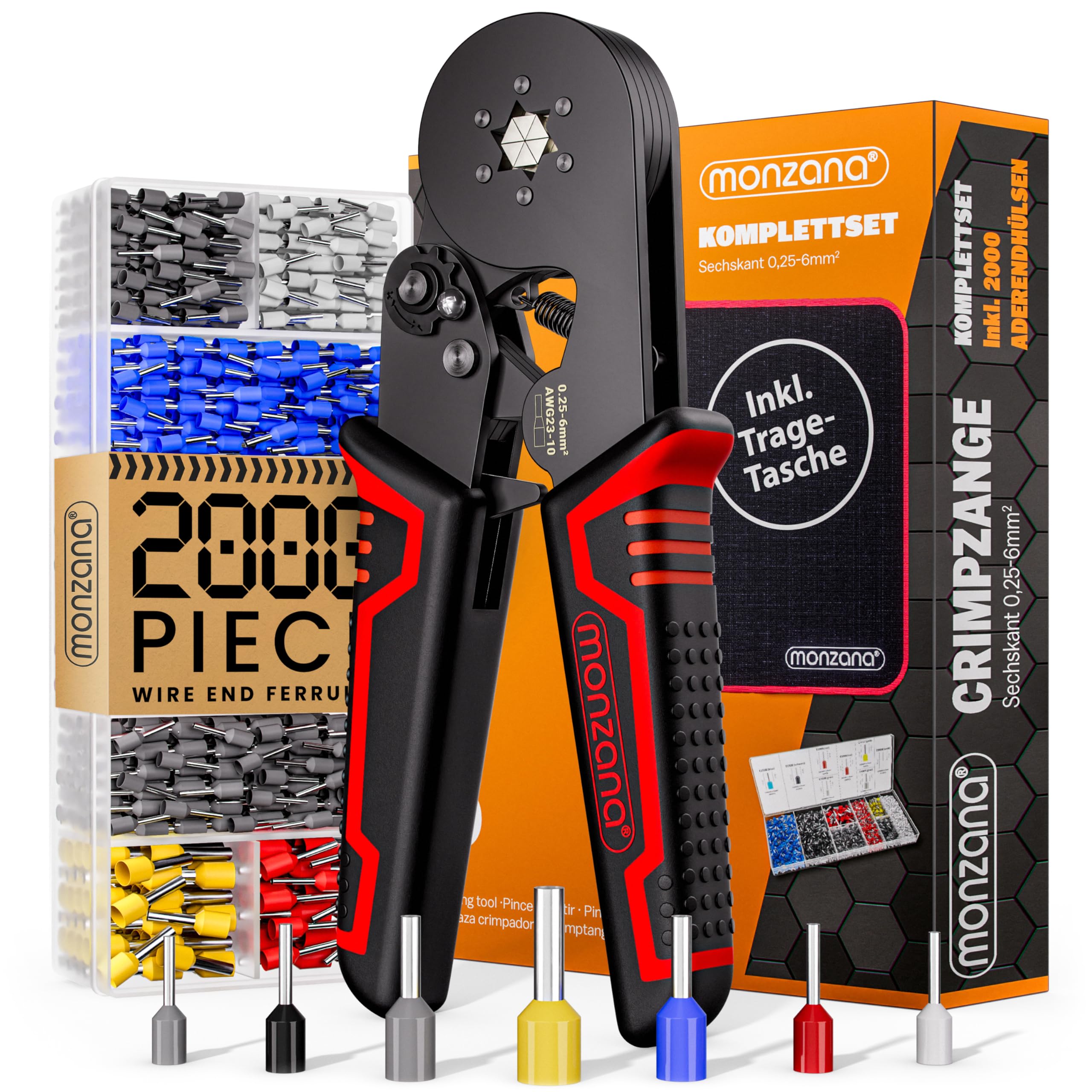 MONZANA® Hexagonal Ferrule Crimping Tool | Electrician's Hex Crimp Pliers with Ferrules 0.25-6mm² 2000pc in Plastic Box | Wire End Sleeve Set | Ergonomic Handle | Including Storage Bag