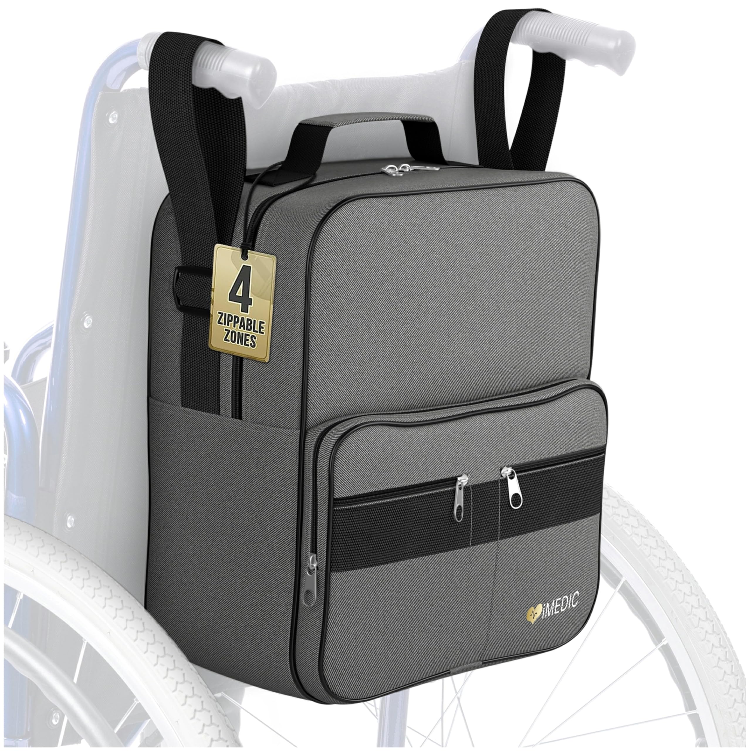 iMedic Deluxe Wheelchair Bag, Grey Wheelchair Backpack for Back of Chair with Dimensions of H37 x W33 x D18cm, Storage Bag for Electric Wheelchairs & Mobility Scooters