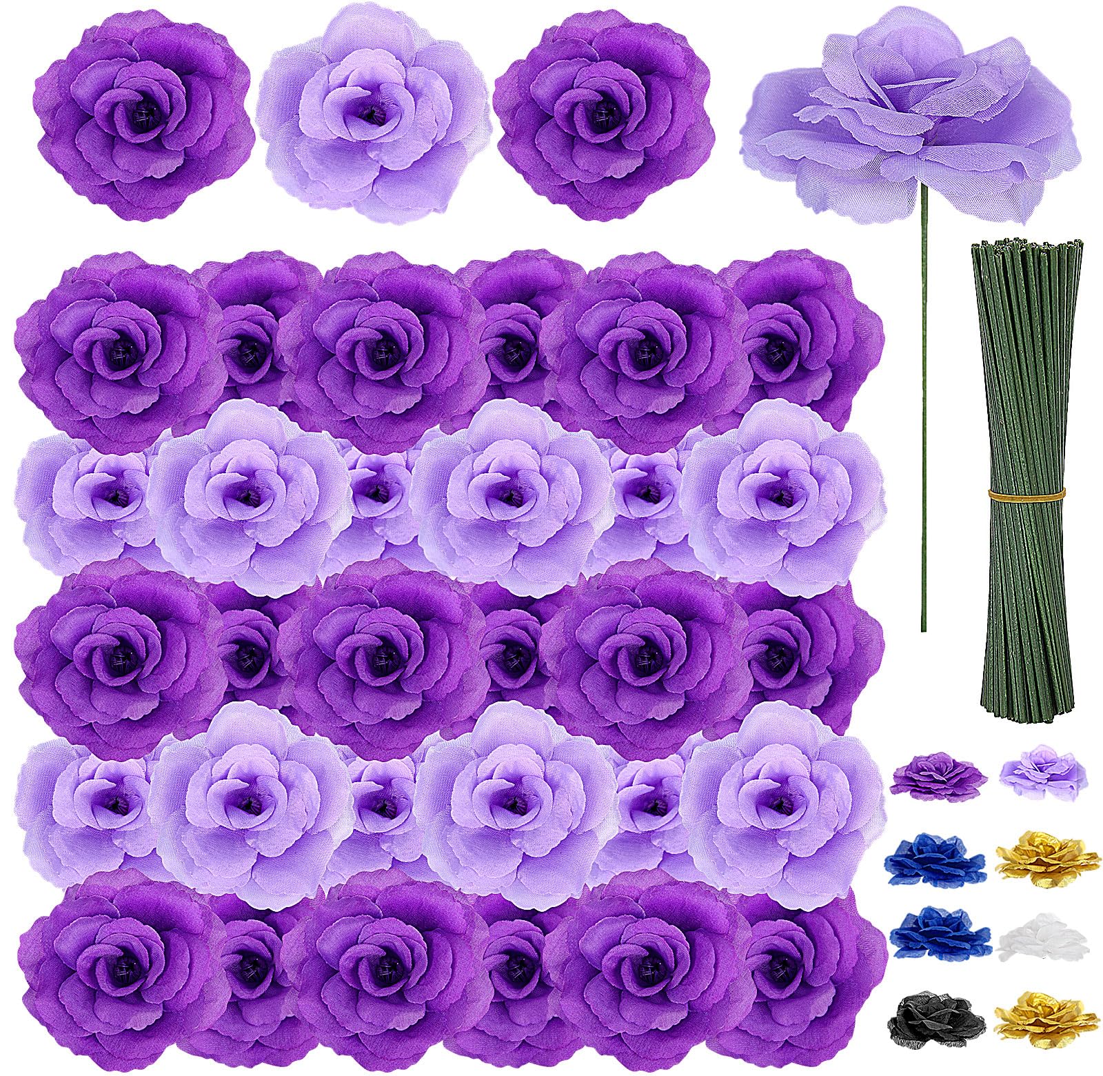Photo 1 of 108pcs Roses Head Flowers with Stem - Purple & Lilac Artificial Flowers Rose Bulk - Lavender Purple Silk Rose Fake Flower for Wedding Bouquet Party Home DIY Baby Shower Centerpieces Tables Decoration