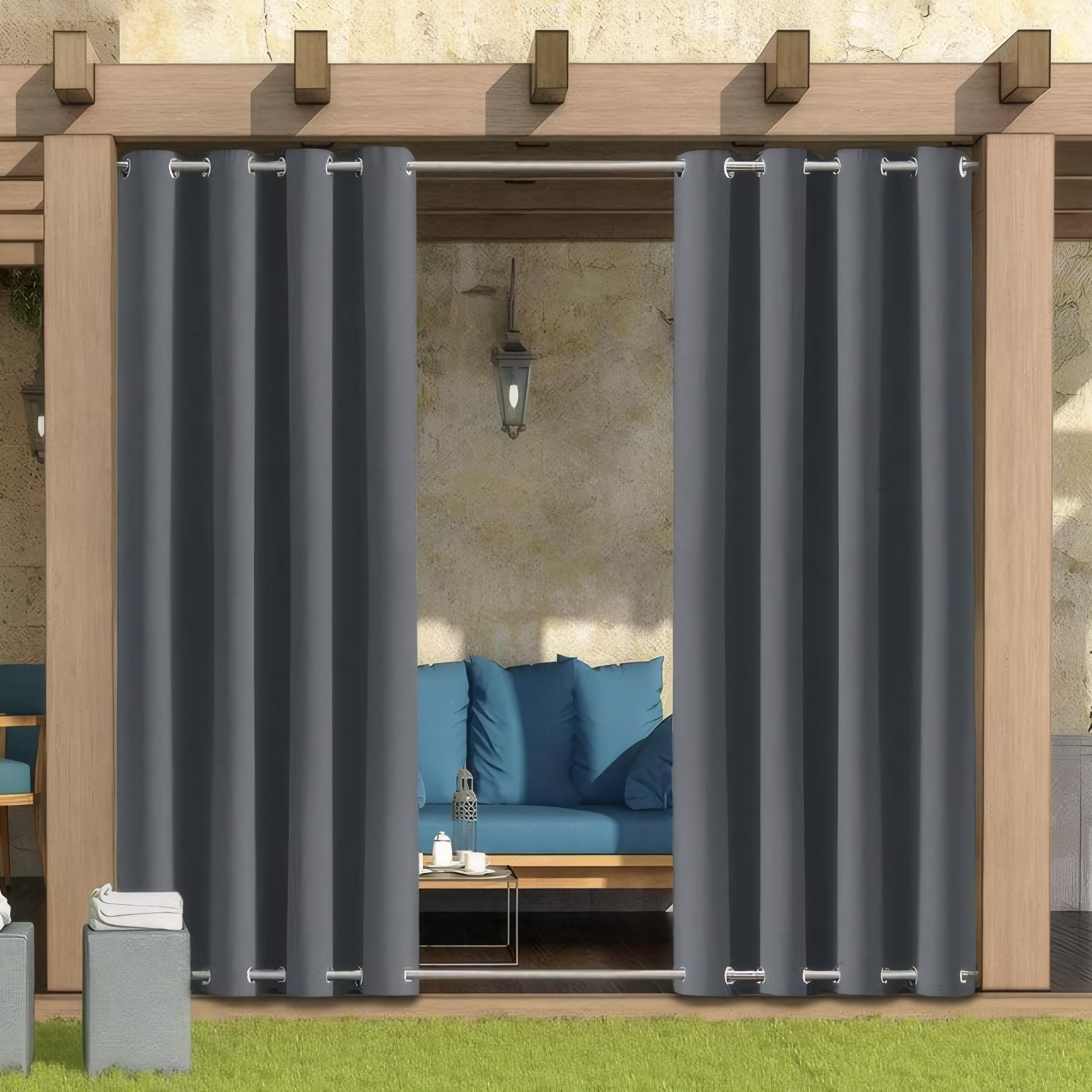 Outdoor Curtains for Garden Patio Gazebo Pergola,Waterproof,Windproof,Blackout Thermal Insulated Double Grommet(Top and Bottom) Outdoor Curtains for Garden Patio Door(2 Panels,52"*108",Dark Grey)