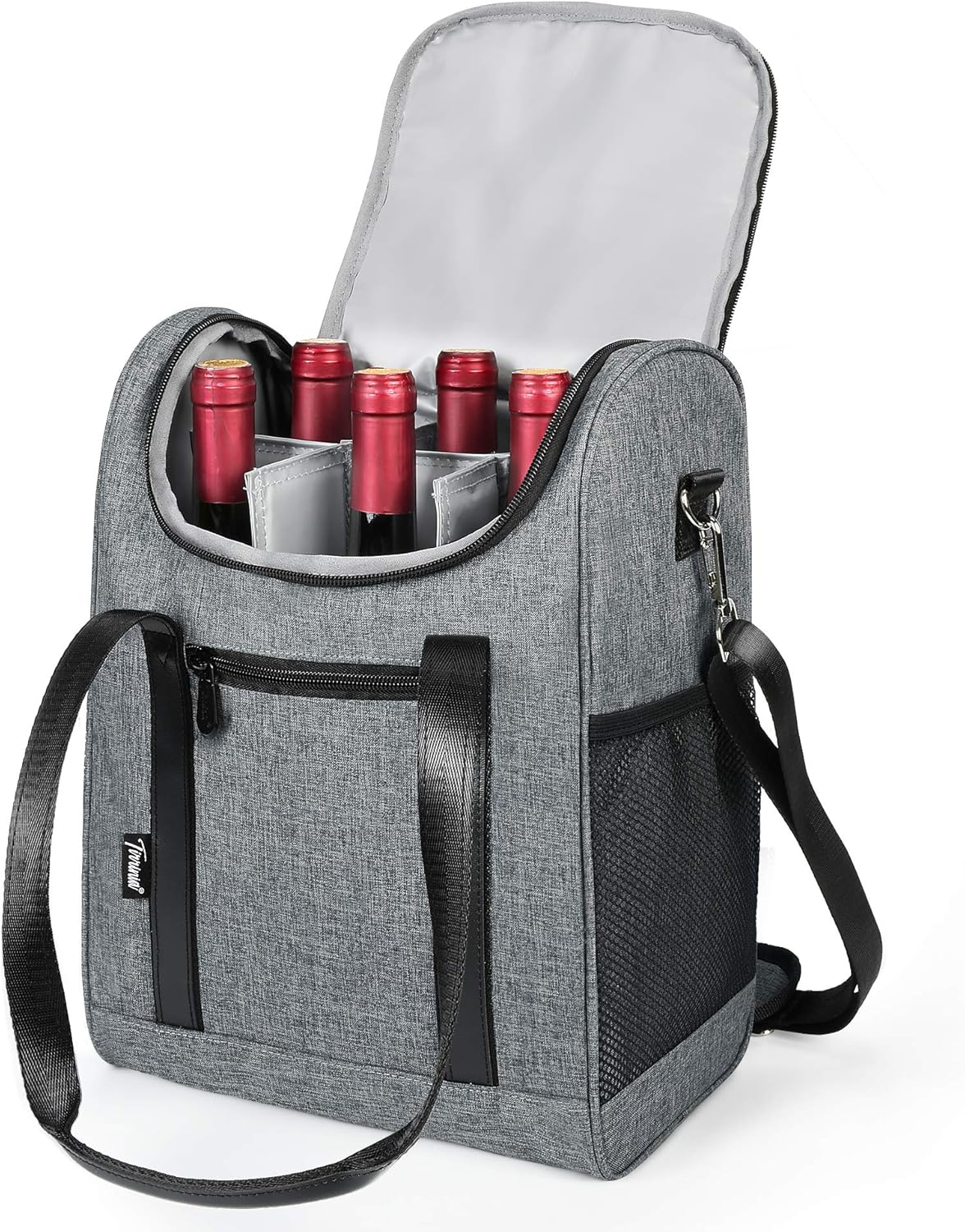 Tirrinia 6 Bottle Wine Cooler Bag -  Insulated & Padded Versatile Wine Carrier Tote Bag for Travel, BYOB Restaurant, Wine Tasting, Party, Best Gift for Wine Lover, Grey