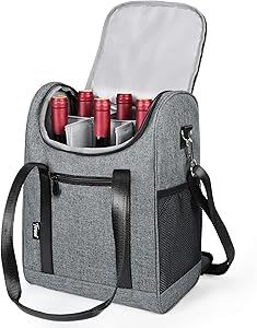 Tirrinia 6 Bottle Wine Cooler Bag -  Insulated & Padded Versatile Wine Carrier Tote Bag for Travel, BYOB Restaurant, Wine Tasting, Party, Best Gift for Wine Lover, Grey