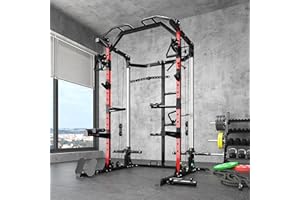 XVD Smith Machine Power Cage Squat Rack with LAT-Pull Down System, 1000LBS Capacity, Landmine, Barbell Bar, Plate Storage Pegs and More Training Attachment for Garage Workout & Home Gym