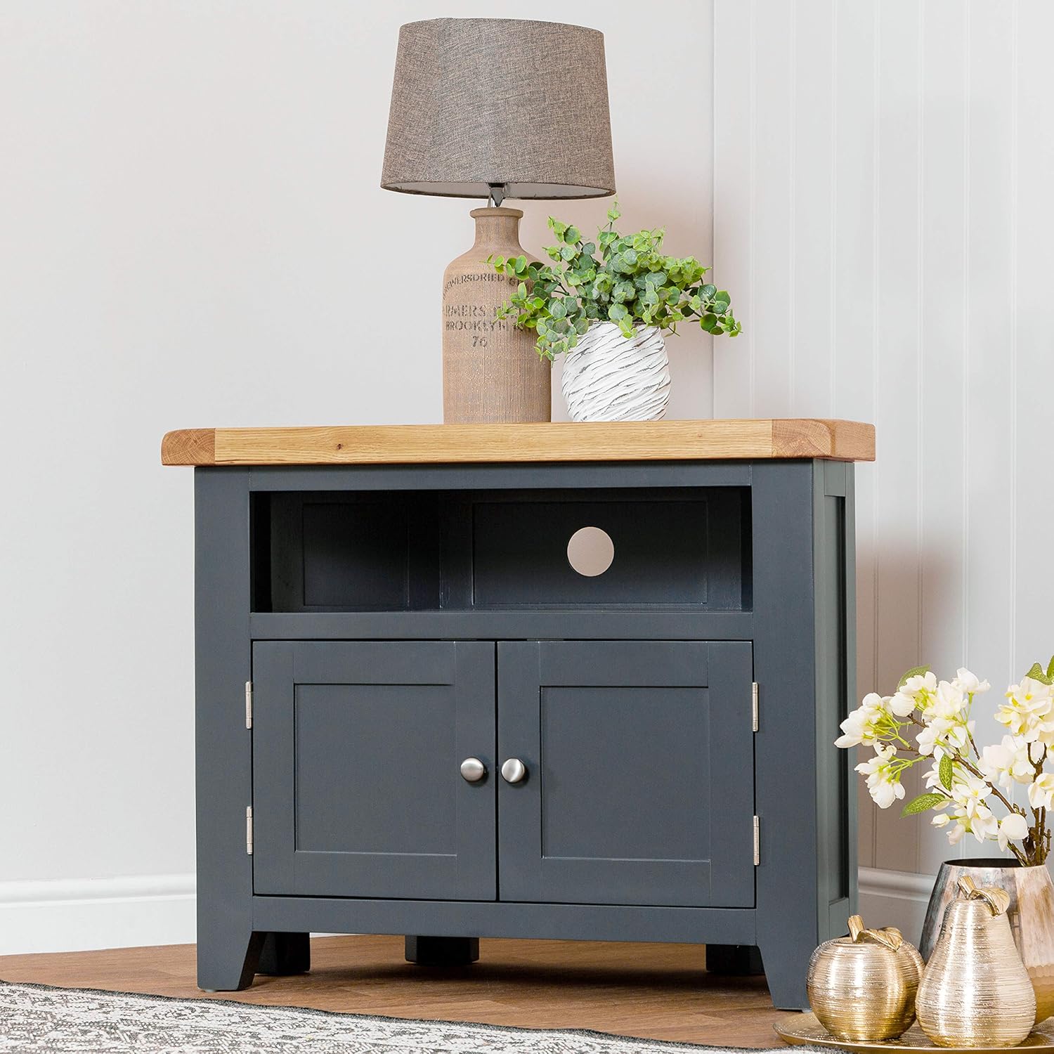 The Furniture Outlet Hampshire Blue Painted Oak Corner TV Unit Amazon