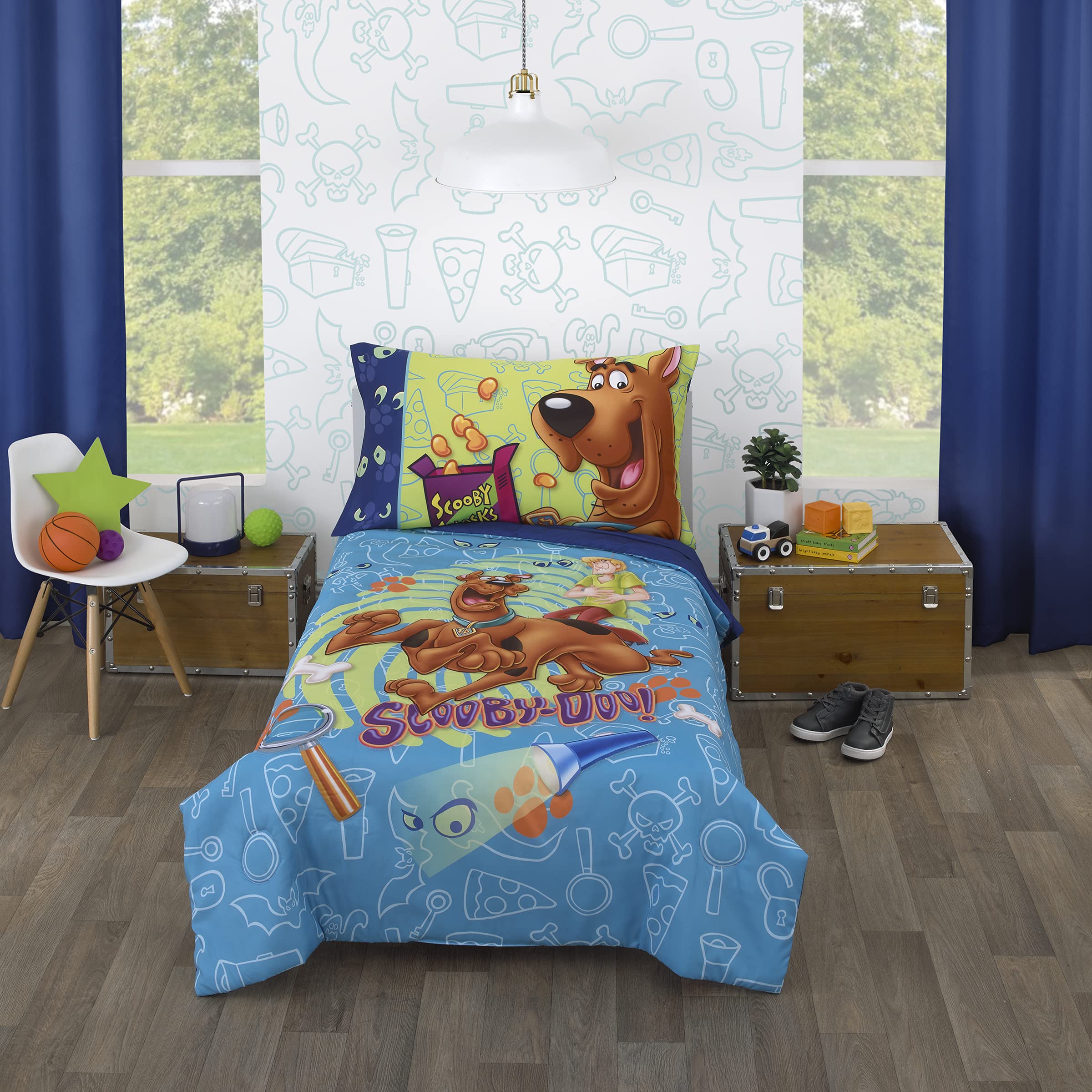 Photo 1 of Everything Kids Scooby Doo - Scooby Dooby Doo Blue, Green, Brown & Orange 4Piece Toddler Bed Set - Comforter, Fitted Bottom Sheet, Flat Top Sheet, & Reversible Pillowcase, Blue, Green, Brown, Orange (Model: 2619416P)