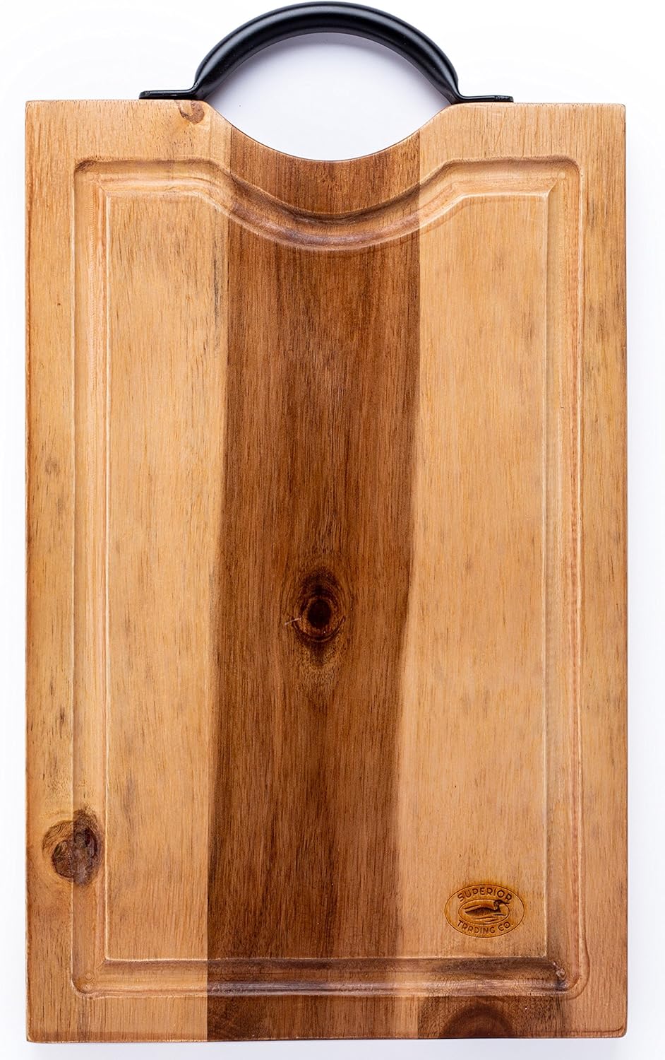 Superior Trading Co. Acacia Wood Cutting Board with Steel Handle. FDA Approved. 15 x 9in
