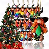 16Pcs Witch Halloween & Christmas Ornaments | 2d flat Dual holiday witch Wooden hanging decor, magical whimsical design for Halloween & Christmas tree display