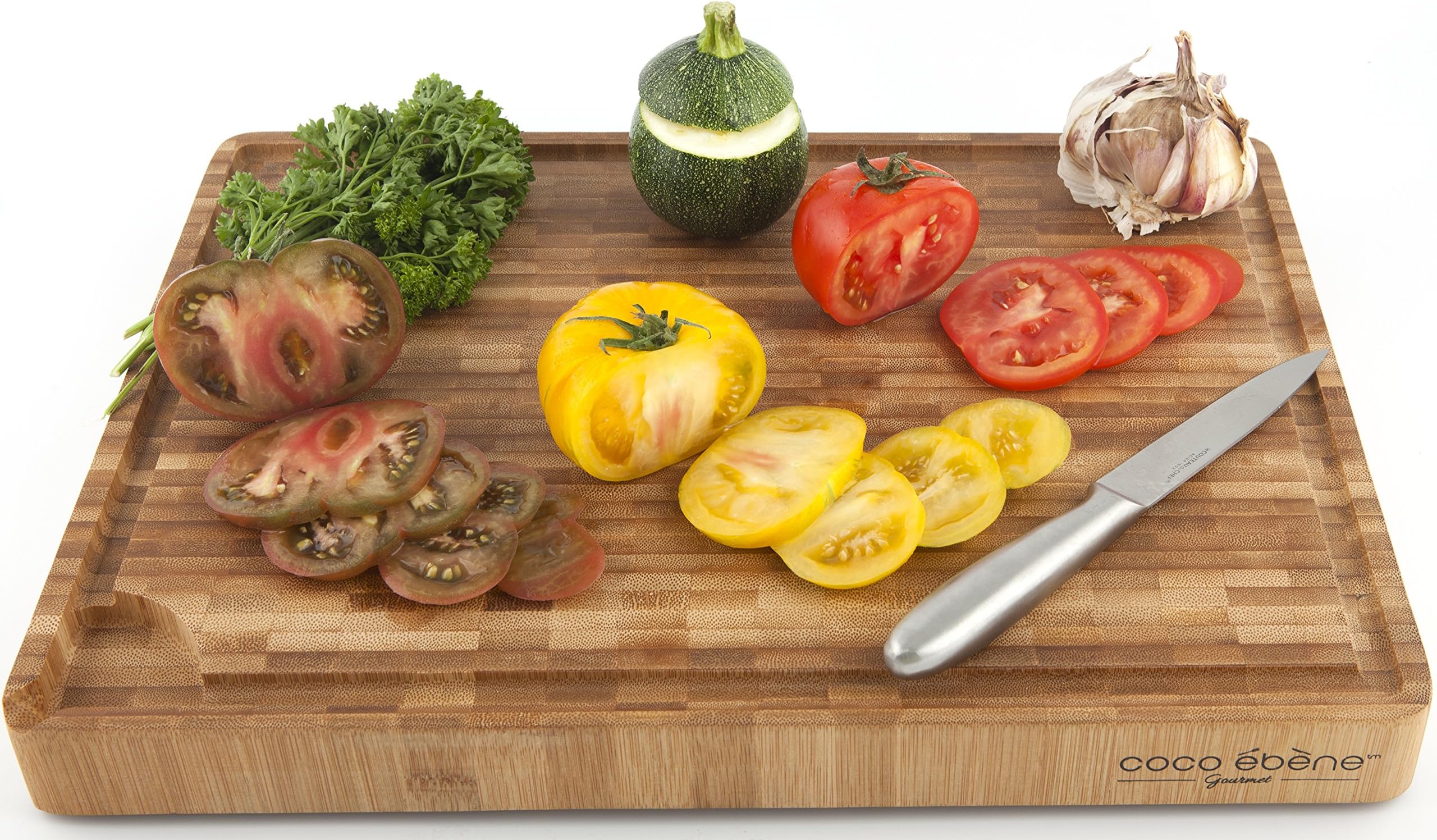 Large End Grain Cutting Board - Professional Butcher Block with Juice Groove and Tank - Kitchen Prep Station with Non-slip rubber feet - Made of Durable Antibacterial Moso Bamboo - The Perfect Gift