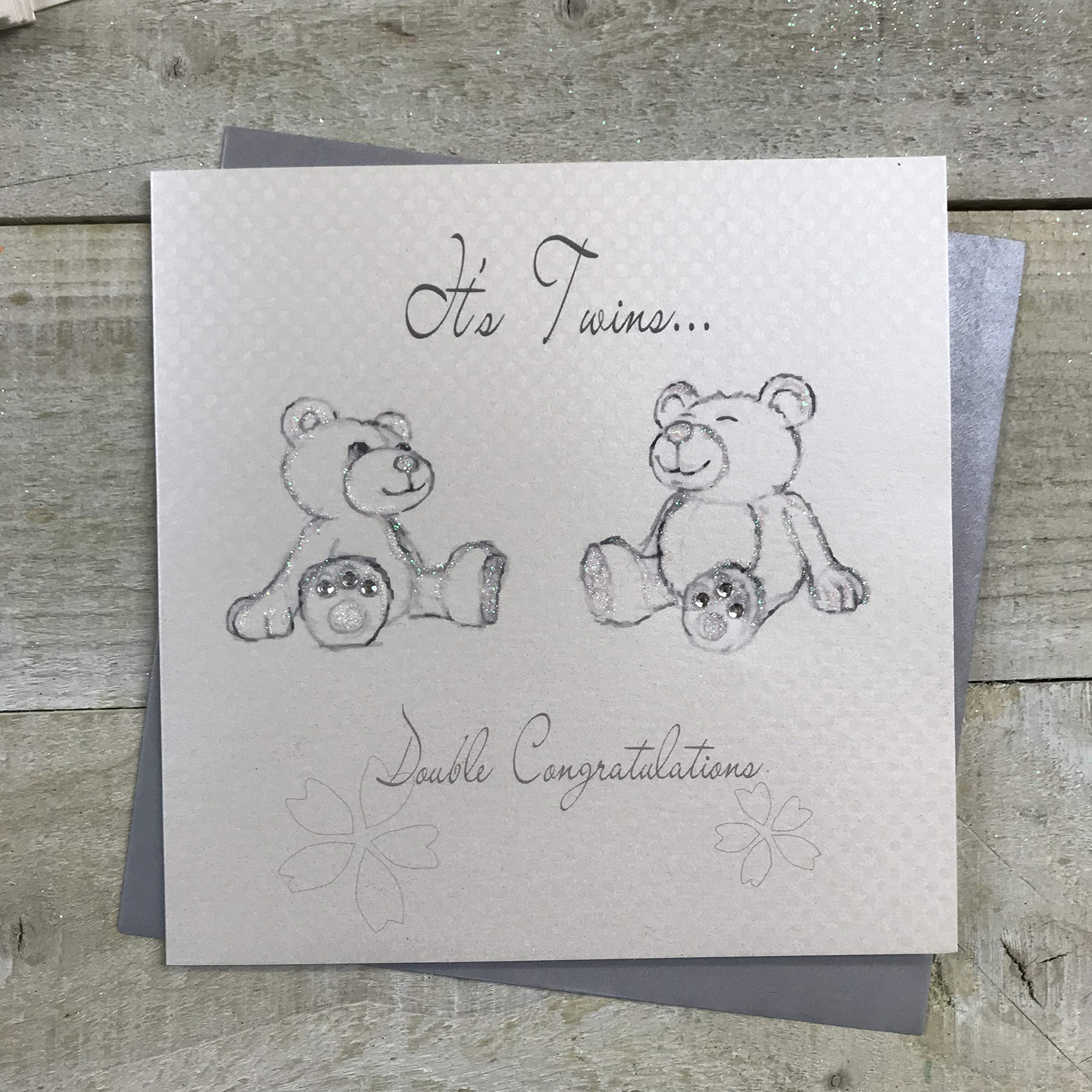 white cotton cards "Its's Twins… Double Congratulations, Handmade Twins Card, Silver, BD177