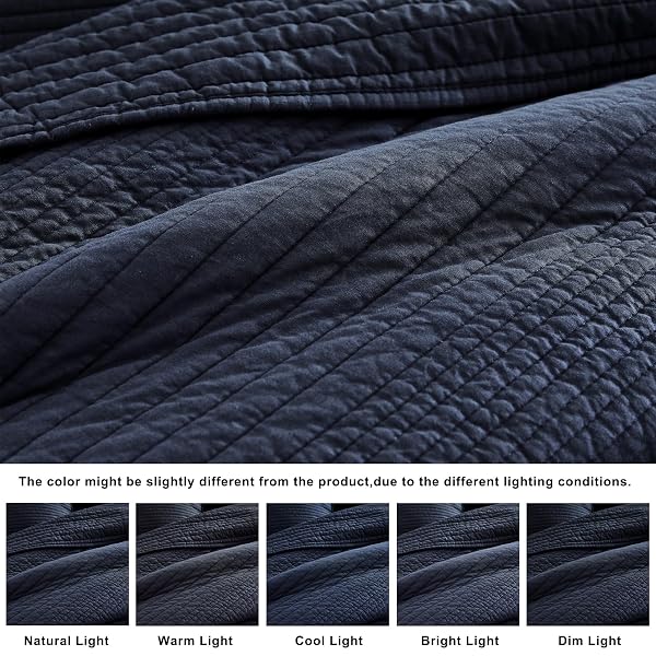 PALASSIO STRIPED NAVY BLUE 100% COTTON QUILT KING SIZE BEDDING SETS, LIGHTWEIGHT CRINKLY CHANNEL PICK STITCH TEXTURED BEDSPREAD SOFT SHABBY CHIC FARMHOUSE COUNTRY COVERLET FOR ALL SEASON, 2 SHAMS