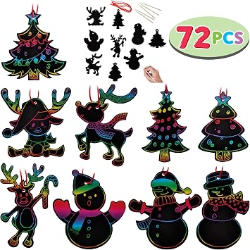 Joyin Rainbow Color Scratch Christmas Ornaments 5x 5 72 Count Craft Kit Toys Include Snowman Christmas Tree And Reindeer