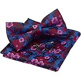 GUSLESON Mens Plaid Floral Jacquard Adjustable Pre-tied Bow Tie and Pocket Square Cufflink Set with Gift Box