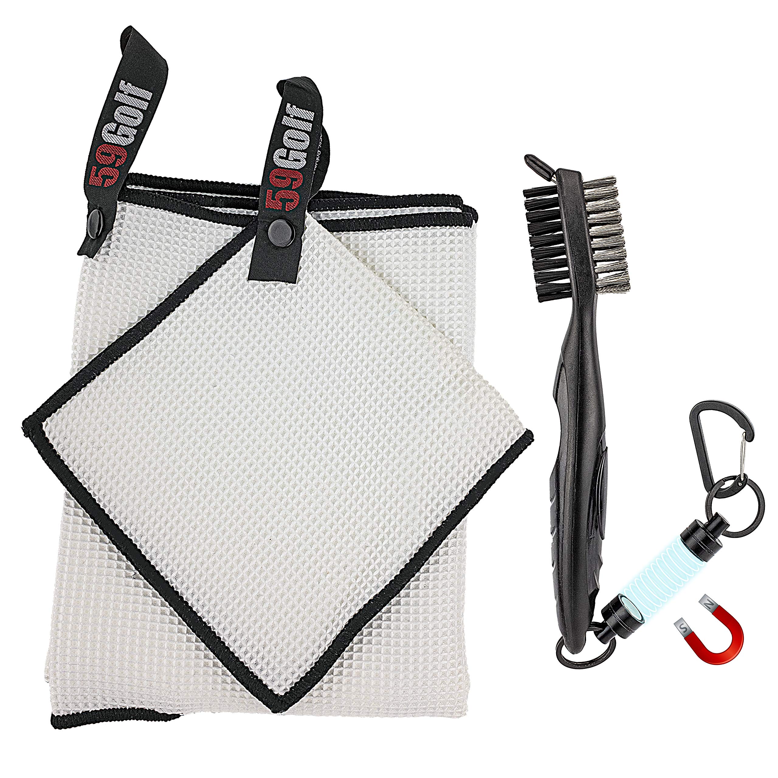 59Golf - Golf club cleaning kit : golf club brush + golf club towel + golf ball towel + magnetic keychain (White Towels)