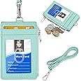 ELV Badge Holder with Zipper, PU Leather ID Badge Card Holder Wallet with 5 Card Slots, 1 Side RFID Blocking Pocket and 20 inch Neck Lanyard Strap for Offices ID, School ID, Driver Licence (Mint)