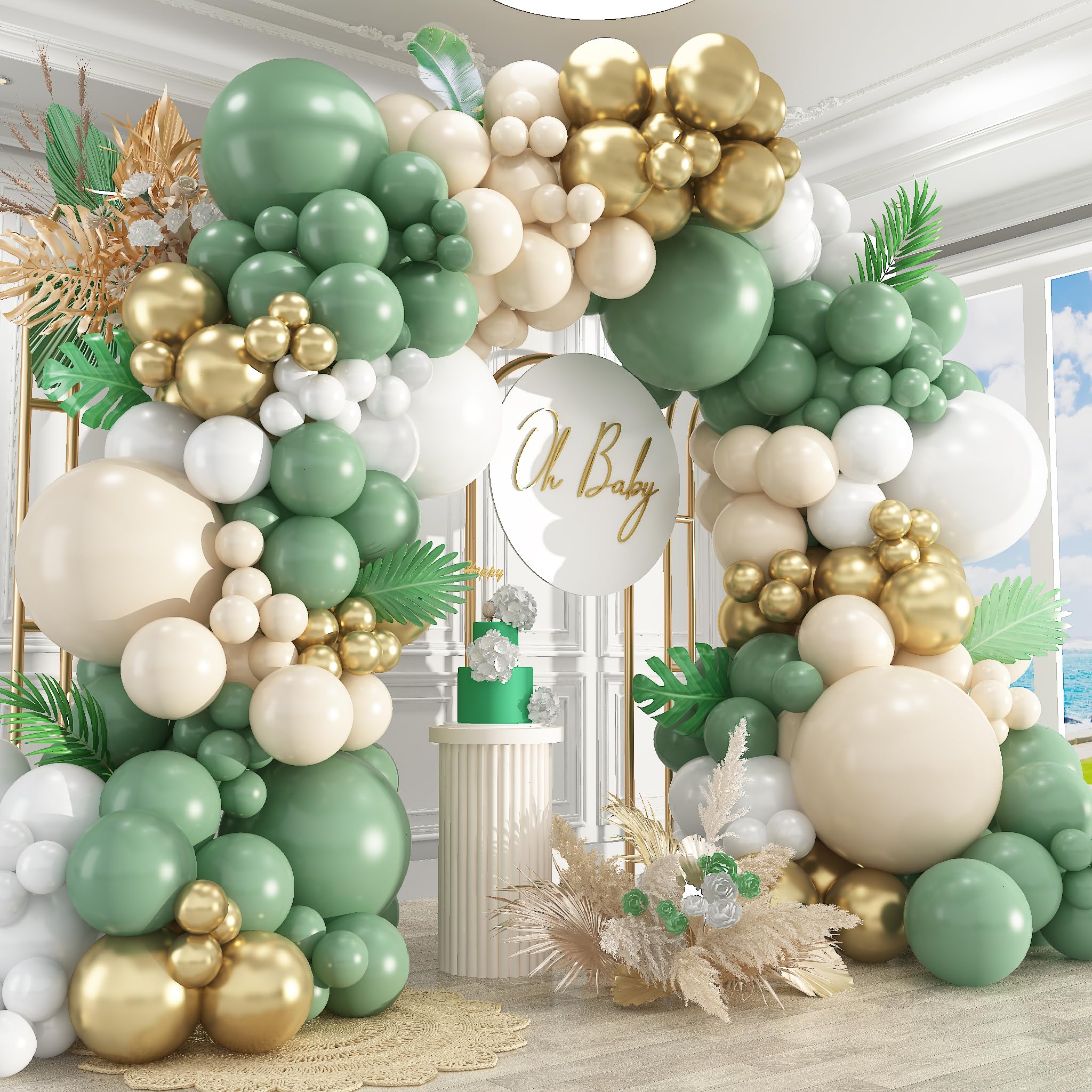 Photo 1 of 412Pcs Sage Green White Sand Gold Balloons Garland Arch Kit,18 12 10 5 Inch Different Sizes Balloons for Baby Shower Wedding Birthday Gender Reveal Party Decoration