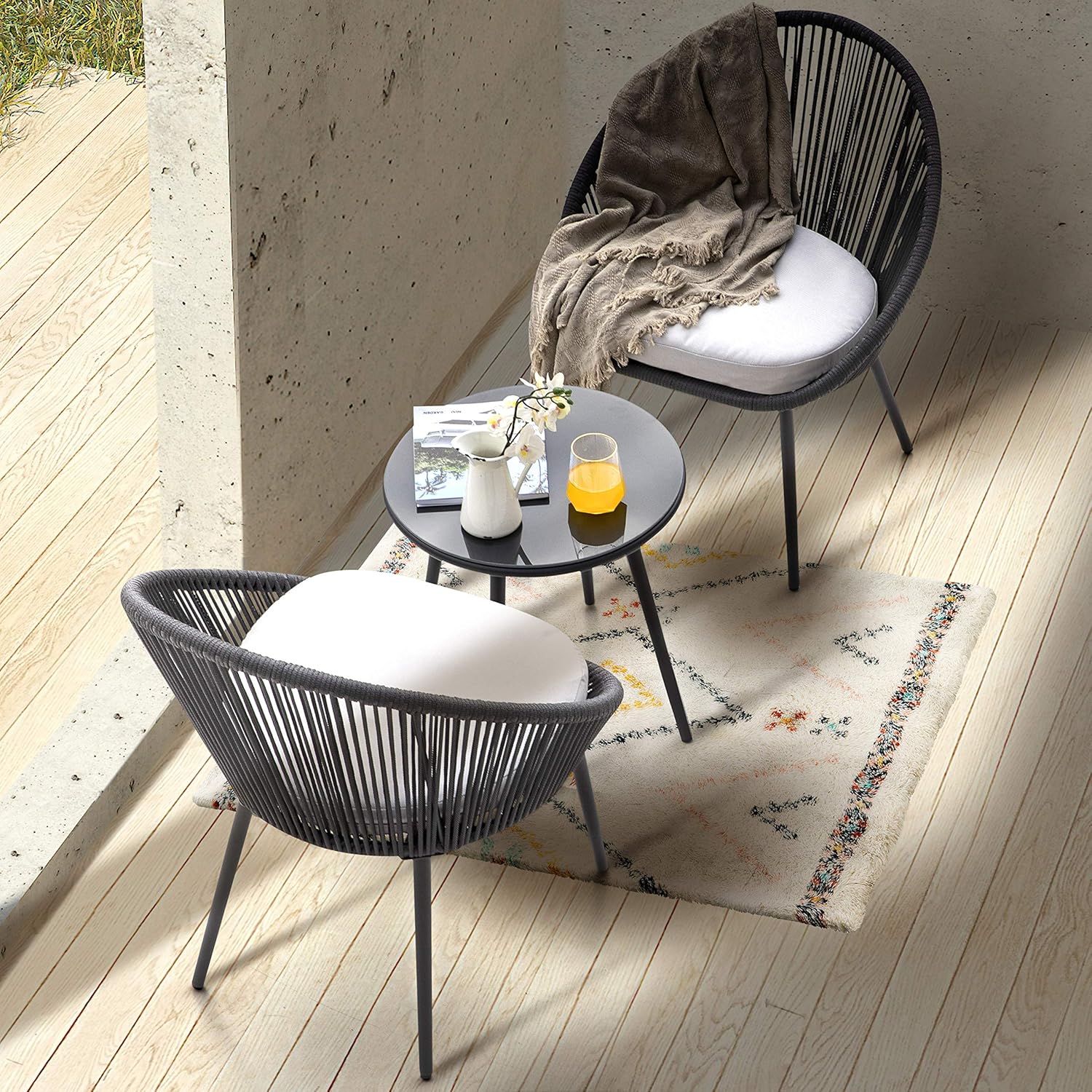 Nuu Garden 3 Piece Patio Table Set Outdoor All Weather Woven Rope Patio Conversation Bistro Set with Cushions for Garden, Balcony, Deck, Backyard, Dark Gray: Garden & Outdoor