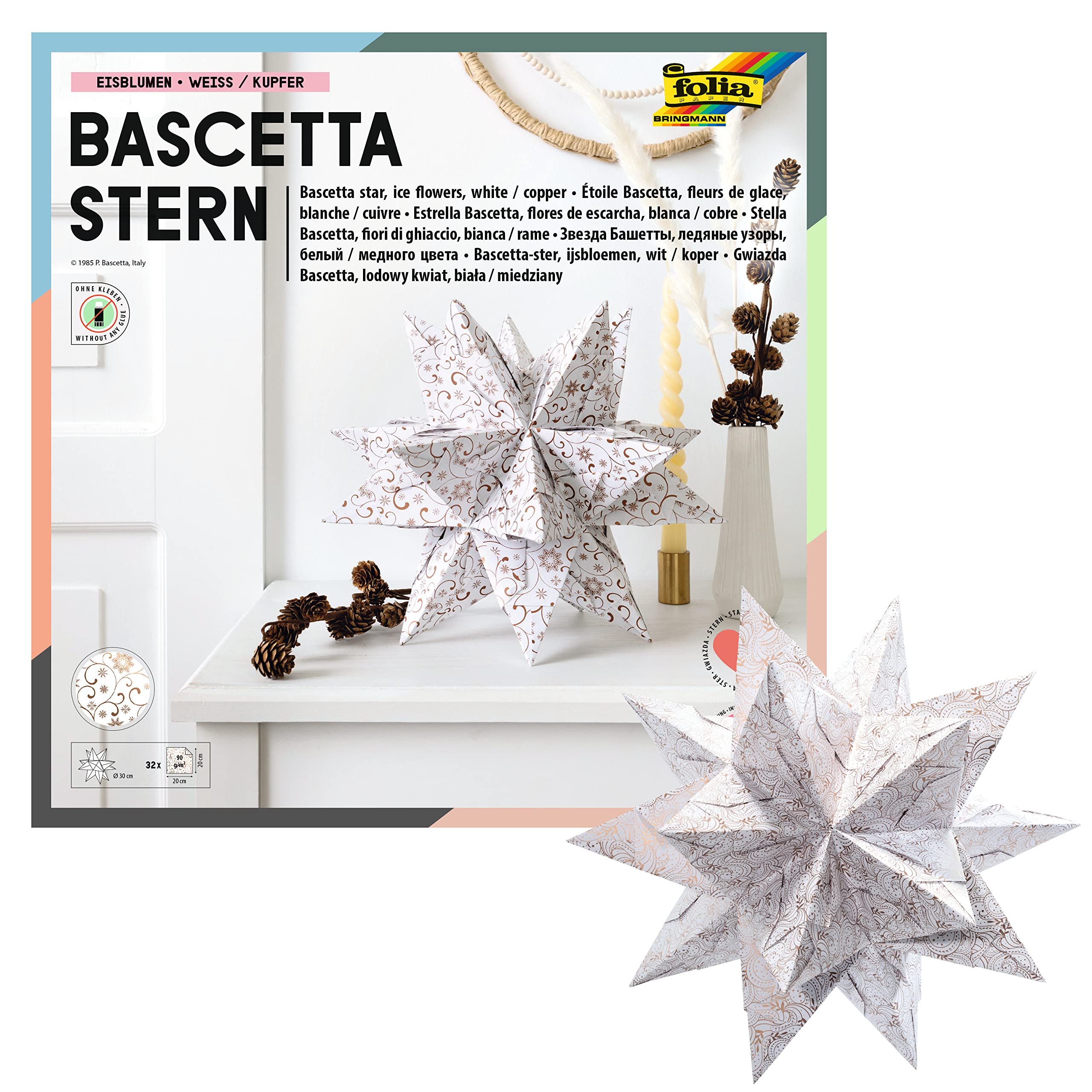 folia 406/2020 – Craft Set Bascetta Star Winter Ornament White/Copper, 32 Sheets, 20 x 20 cm, Finished Size of The Paper Star Approx. 30 cm, with Detailed Instructions – Ideal for Timeless Decoration