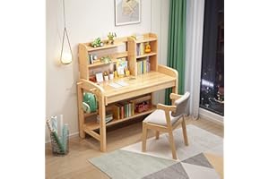 BALANBO Kids Table Kids Desk and Chair Set with Drawer and Bookshelf Wooden Children’s Media Desk Student's Study Computer Workstation and Writing Table (Nature)