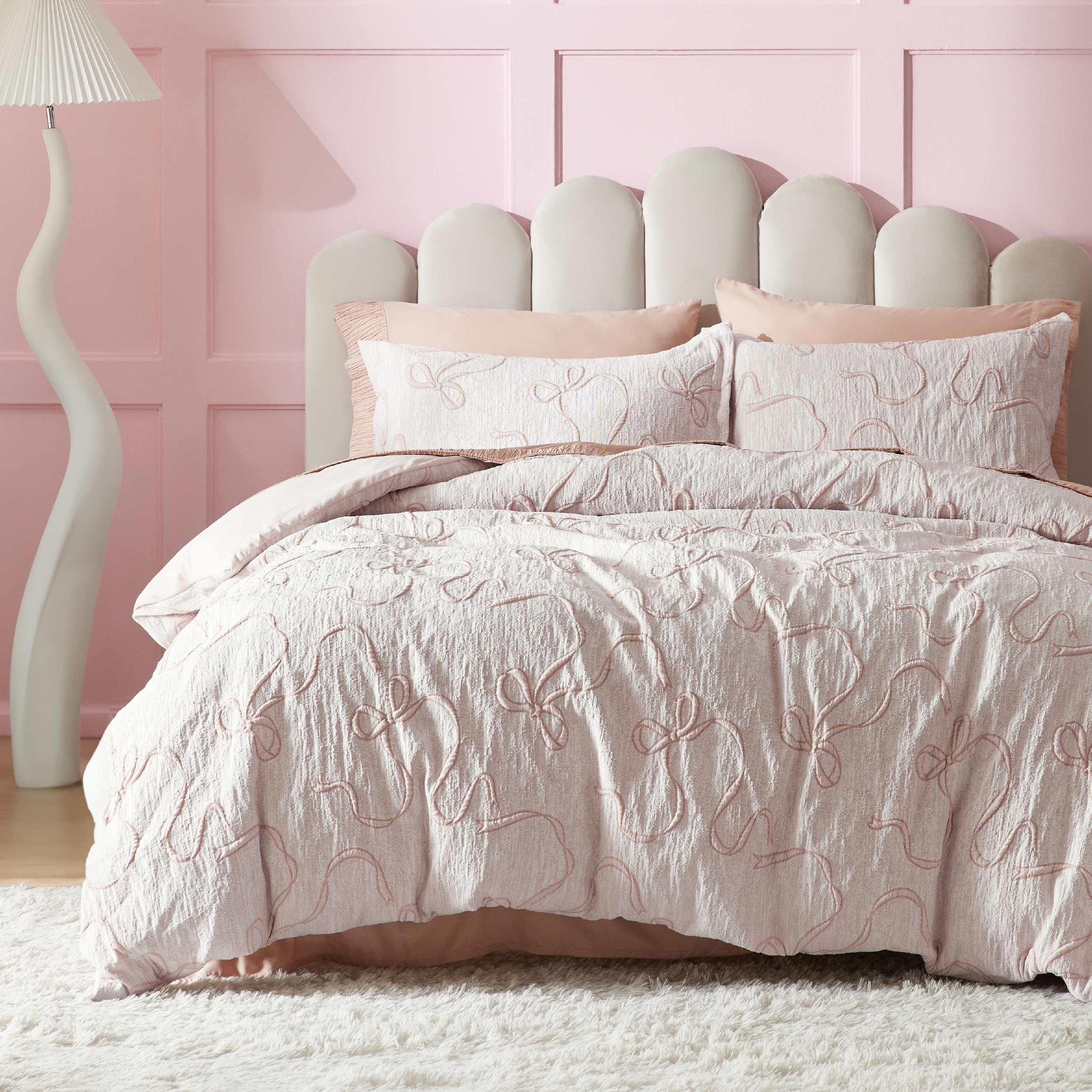 Photo 1 of Bedsure Pink Duvet Cover King Size with Bowknot Jacquard Design, Soft and Elegant Boho Bedding Set, Luxurious Craftsmanship for a Stylish Bedroom,Includes 1 104"x90" Duvet Cover & 2 Pillow Shams