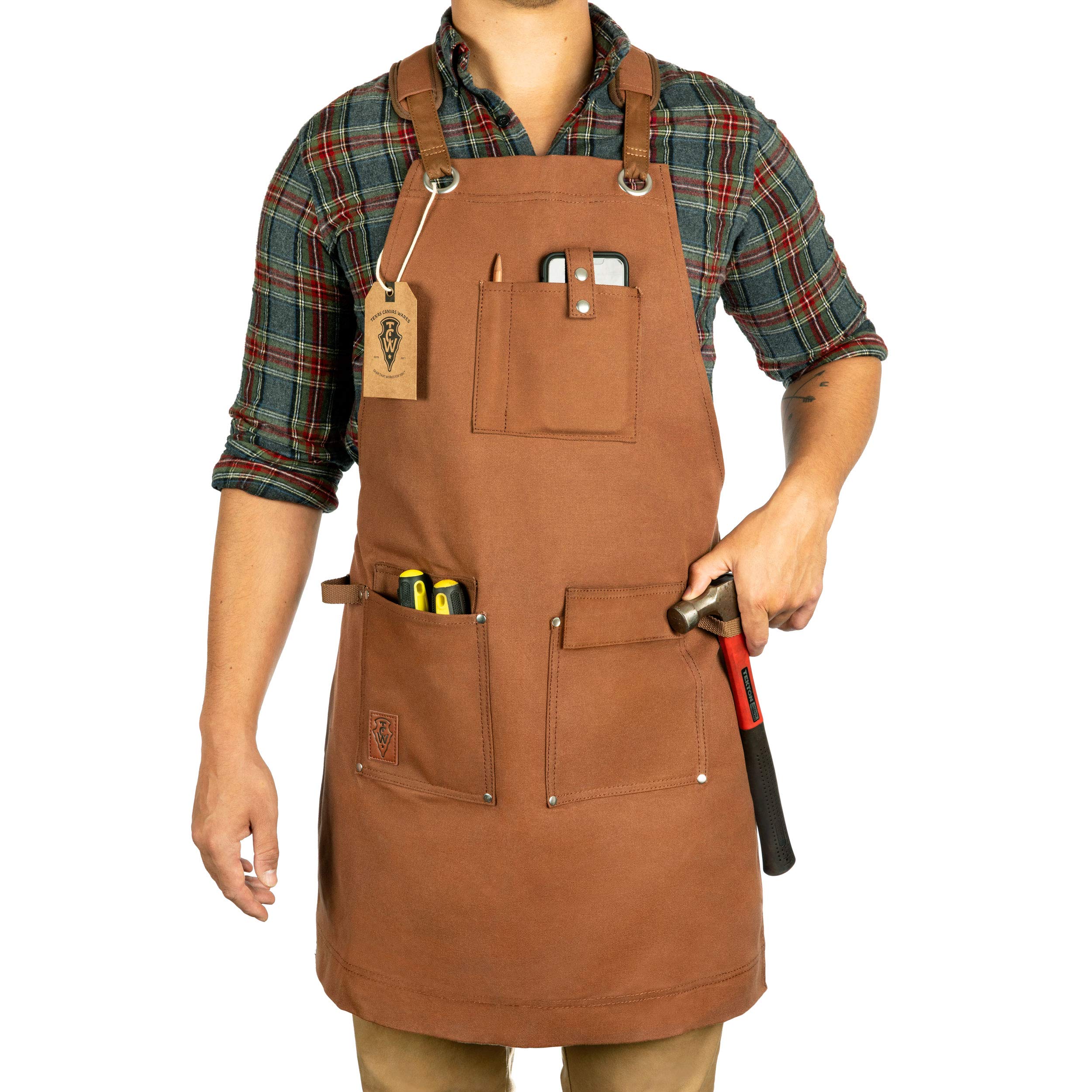 Texas Canvas Wares Waxed Canvas Heavy Duty Work Apron With Pockets - Deluxe Edition with Quick Release Buckle Adjustable up to XXL for Men and Women -(Brown Deluxe Edition)