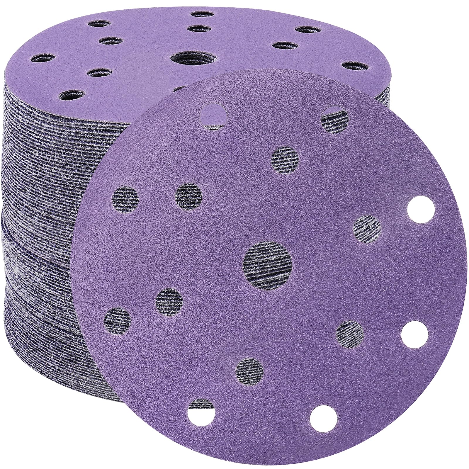STEBRUAM 50pcs 150mm Sanding Discs 100 Grit 15 Holes Hook and Loop Sanding Pads for 6Inch Random Orbital Sander Purple