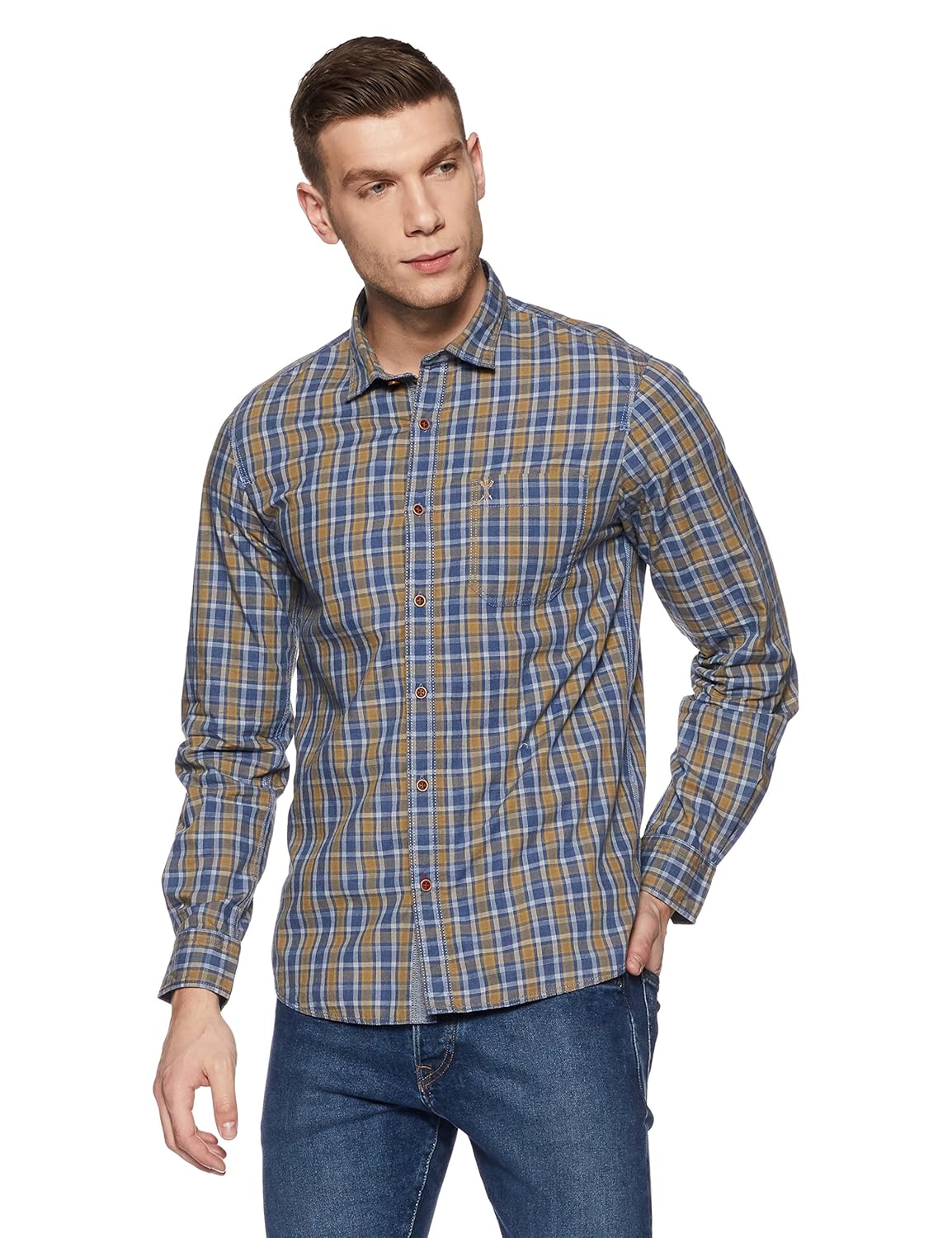 arrow jeans men's checkered slim fit cotton casual shirt