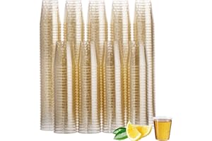 MATANA 300 Clear Hard Plastic Shot Glasses with Gold Glitter, 30ml - Sturdy & Reusable - Jello & Tequila Shots, Sample Tastin